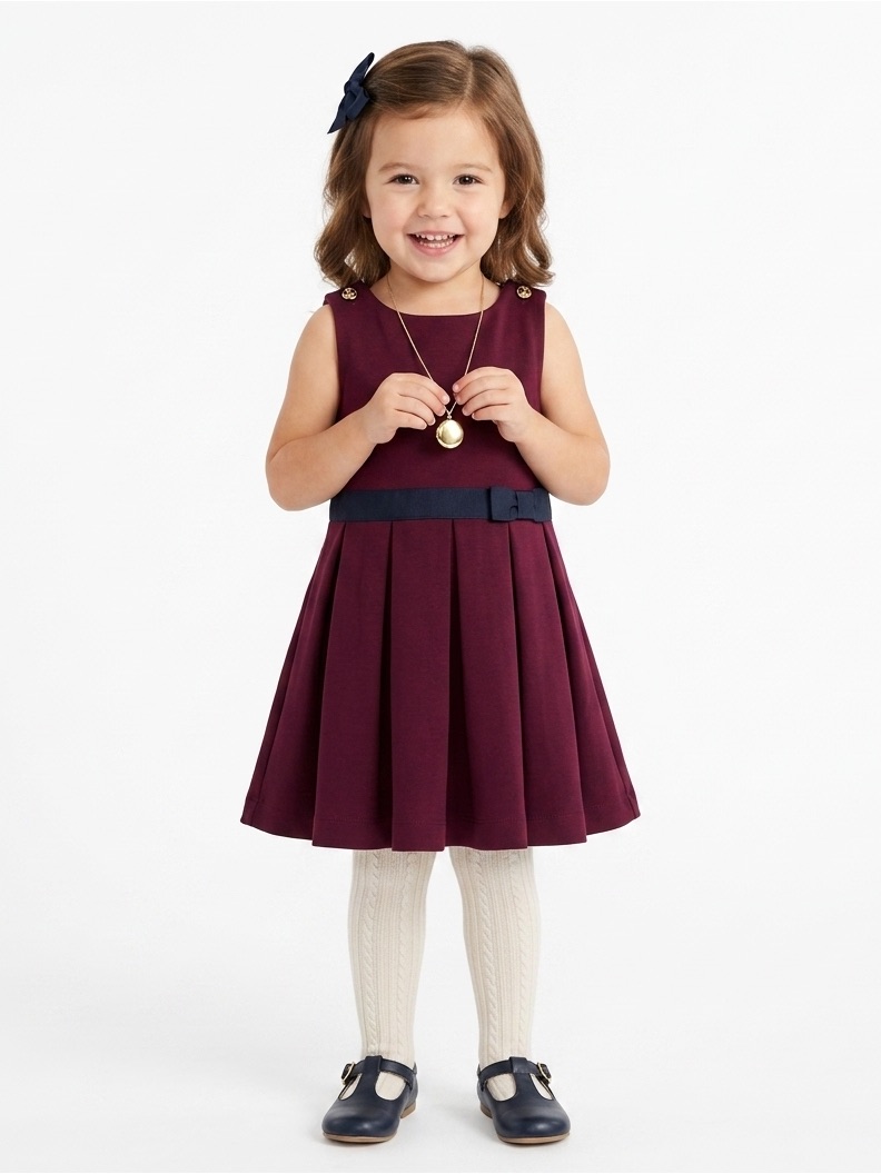 Janie And Jack Burgundy Pleated Dress With Navy Bow Belt